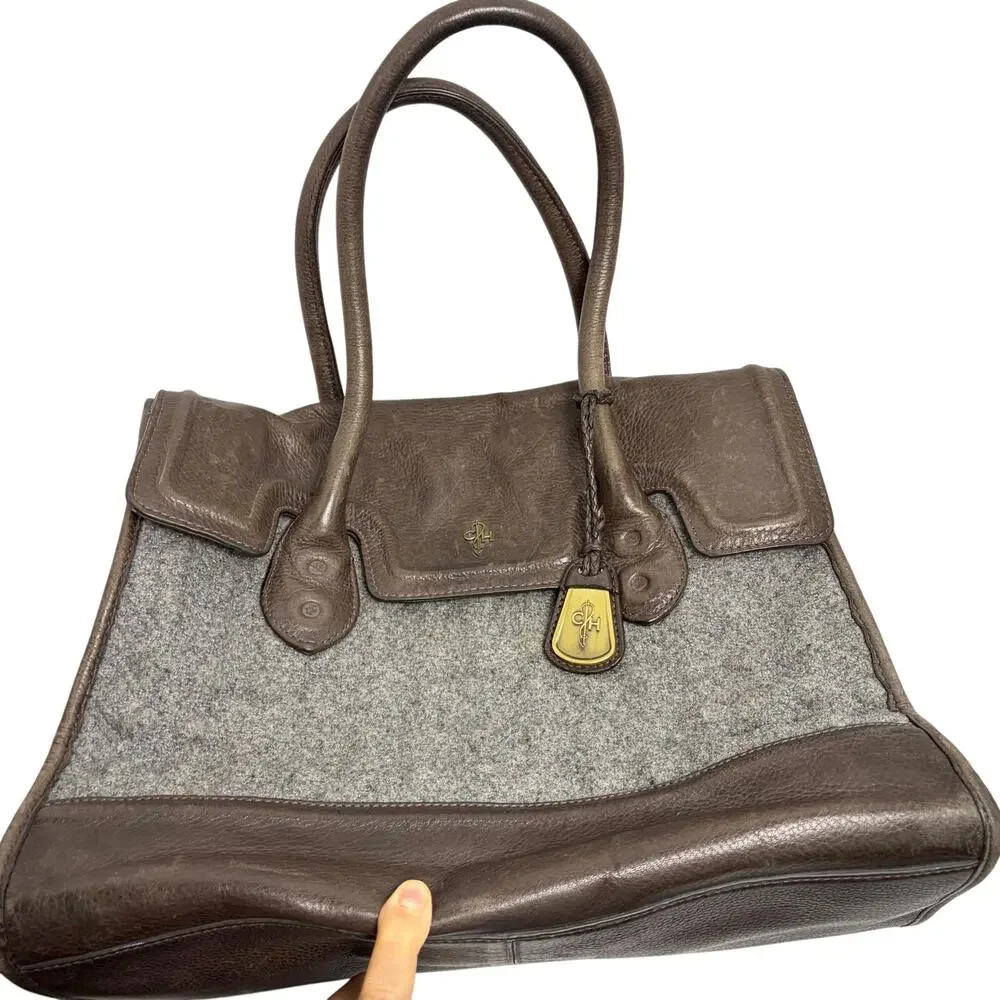 Cole Haan gray quilted purse, brown leather details, large satchel, charm¸